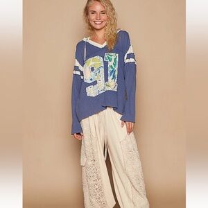 POL Exposed Seam Number Patch V-Neck Hooded Top Size Medium